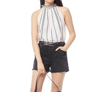 FRAME Embroidered Mock Neck Top Dots Dashes Black White Size Small NEW